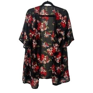 Women's Sheer Short-Sleeve Black Floral Kimono Cover Up, Medium